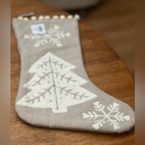 New 21” Christmas Stocking NWT Beige Ivory Tree Cotton Polyester Snowflakes